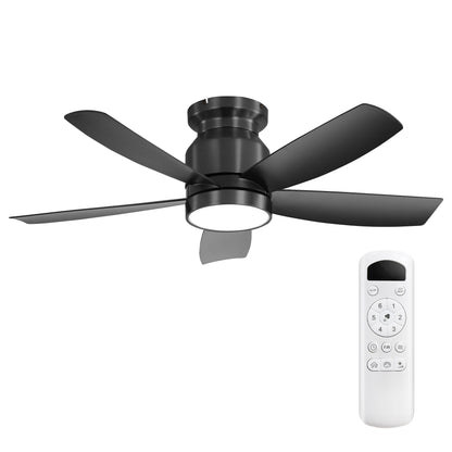 Flush Mount Ceiling Fan With LED Light 22W And Remote Control Blades For Indoor Use - Black