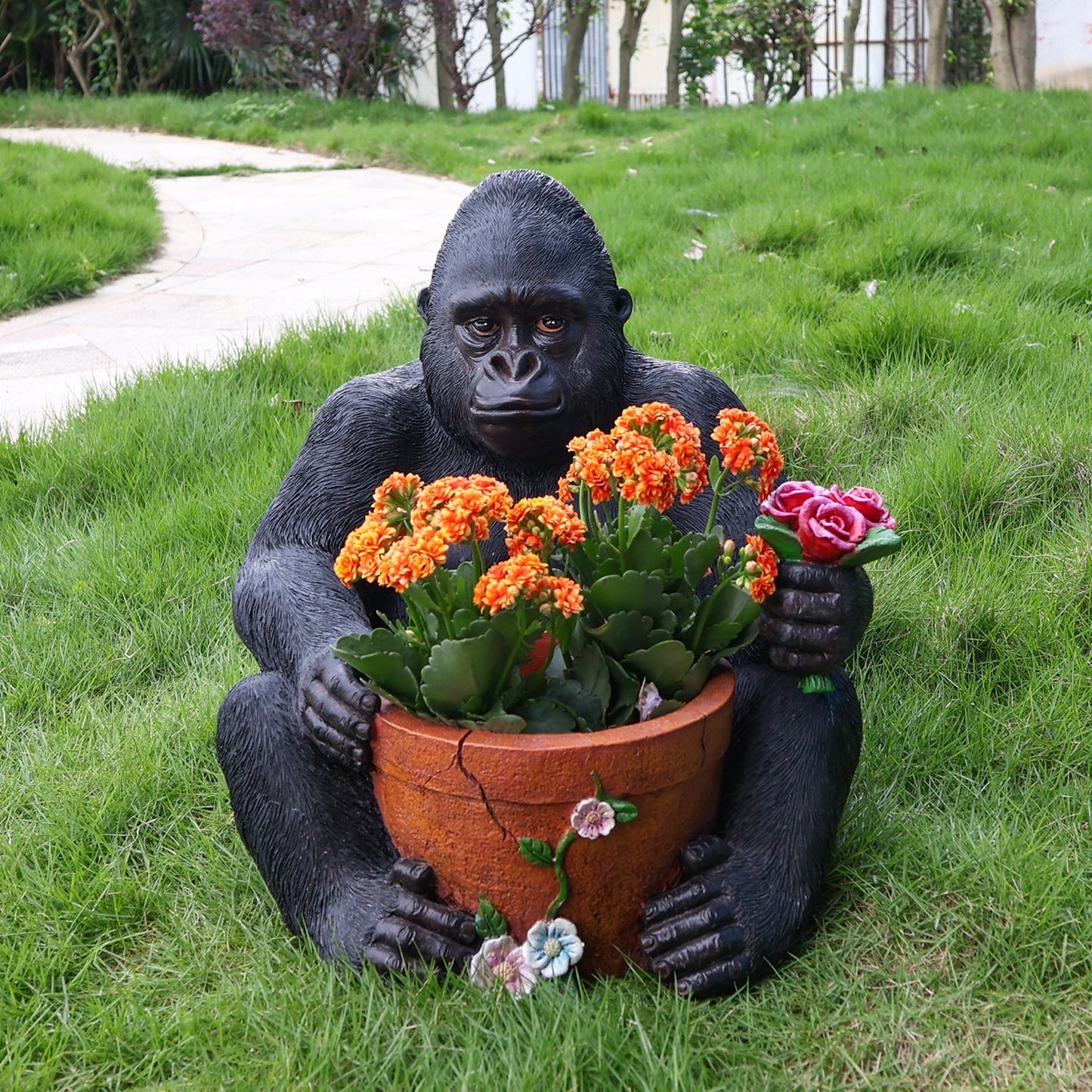 Outdoor Garden Sculpture Chimpanzees Flower Pot Planter