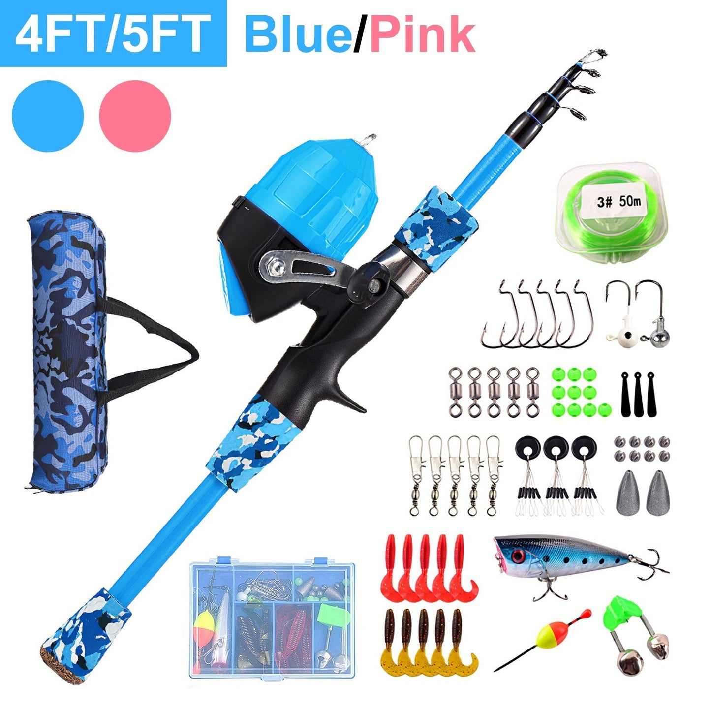 Kids Fishing Pole Set Fishing Starter Kit Telescopic Fishing Rod and Reel Combo Kit with Tackle Box 56Pcs Fishing Lures for Boys Girls