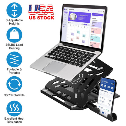 360¼ Rotating Laptop Riser Stand Foldable Desk Laptop Riser Tablet PC Holder with Phone Stand 8 Level Adjustable Height Inbuilt Handle for Home Office