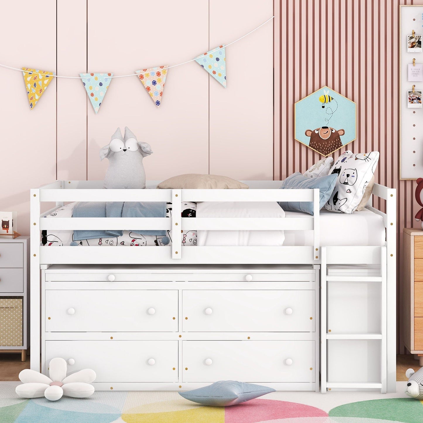Loft Bed With Retractable Writing Desk And 4 Drawers, With Lateral Portable Desk And Shelves