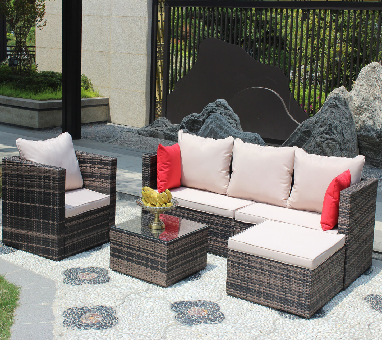 Rattan Patio Furniture Set Wicker Sofa Cushioned Sectional (4 Pieces, Brown)