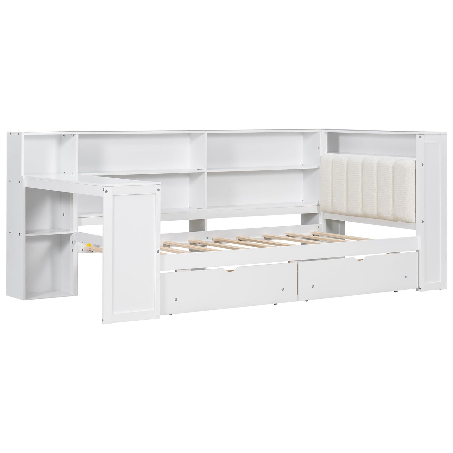 Platform Bed With Upholstered Headboard, Storage Shelves, Drawers, Charging Station, LED Lighting, Built In Desk