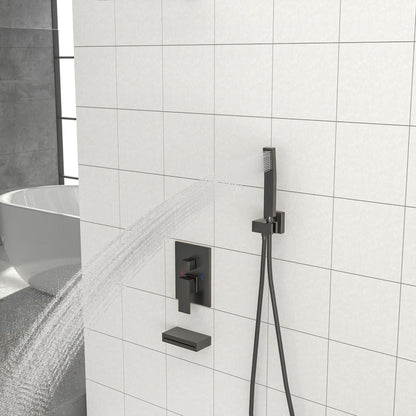 Square Shower System With Waterfall Tub Spout And Rough In Valve, Wall Mounted