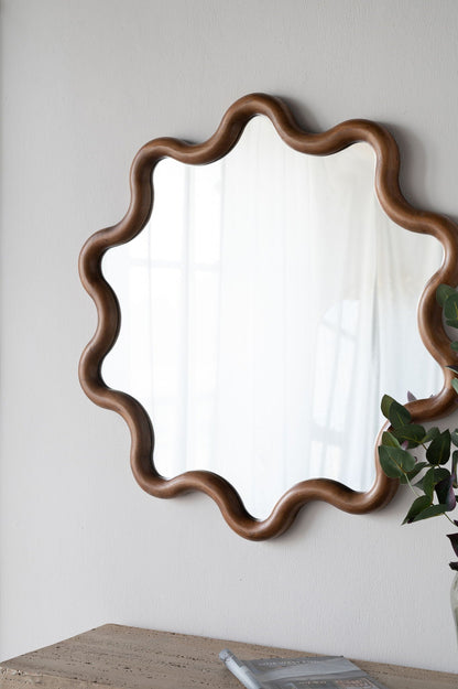 Wooden Accent Mirror With Unique Frame, Wall Mirror For Living Room Bedroom Entryway - Brown