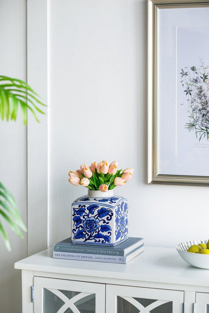 5x5x8' Hand Painted Square Canister with Blue and White Floral Pattern