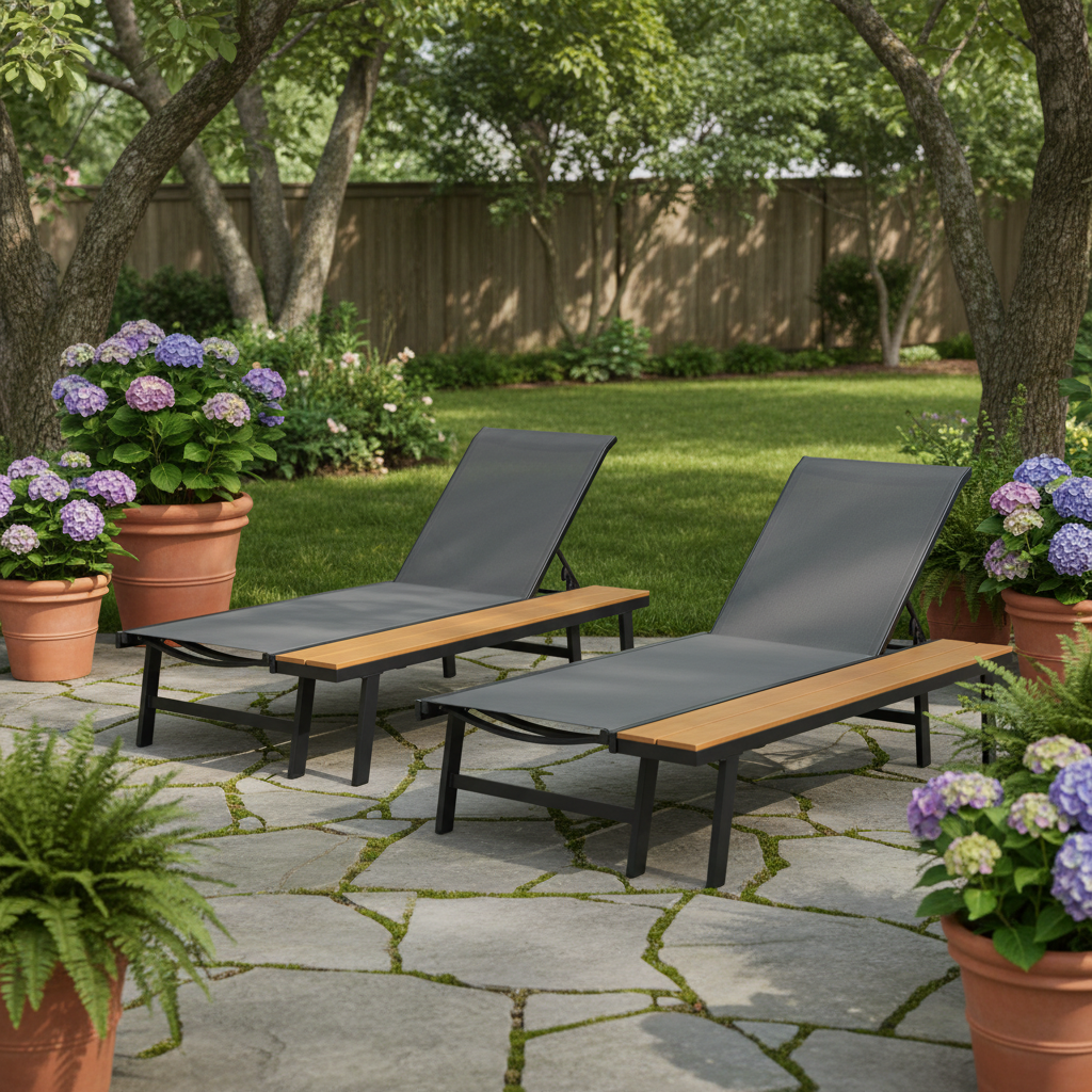 Waterloo Chaise Lounge with Attached Wood Side Table, Set of 2