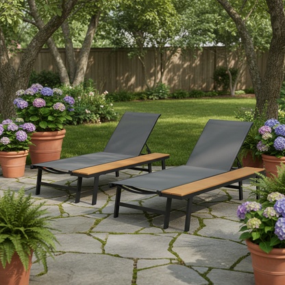 Waterloo Chaise Lounge with Attached Wood Side Table, Set of 2