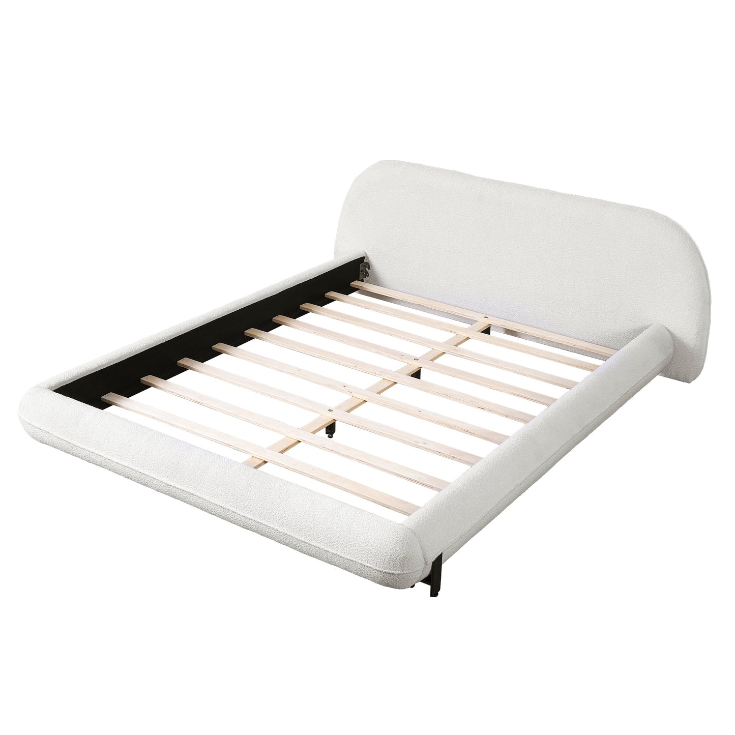 Queen Size Upholstered Bed Frame with Boucle Fabric and Steel Legs