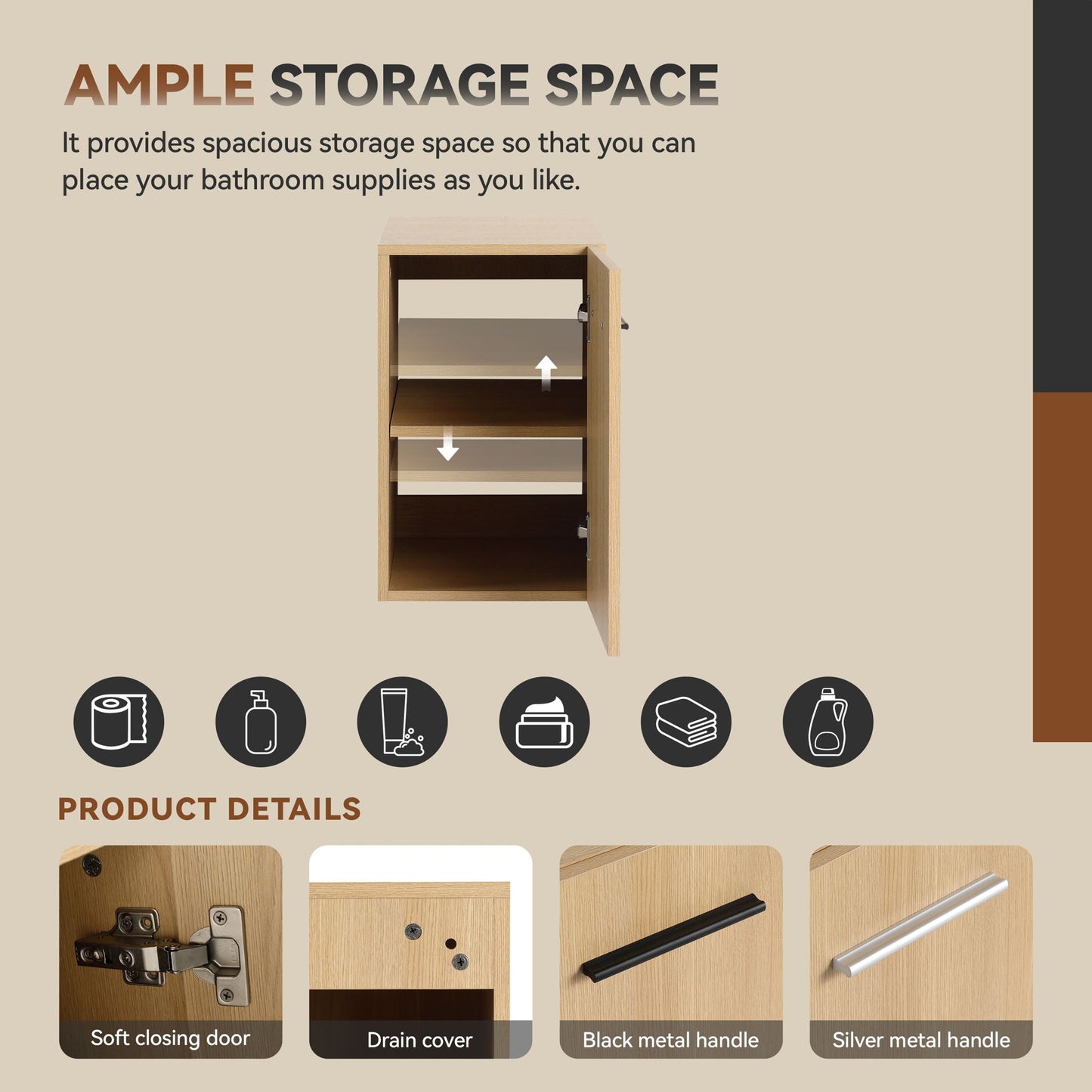 Floating Bathroom Vanity Single Door Base Cabinet, Wall Mounted Storage - Light Oak