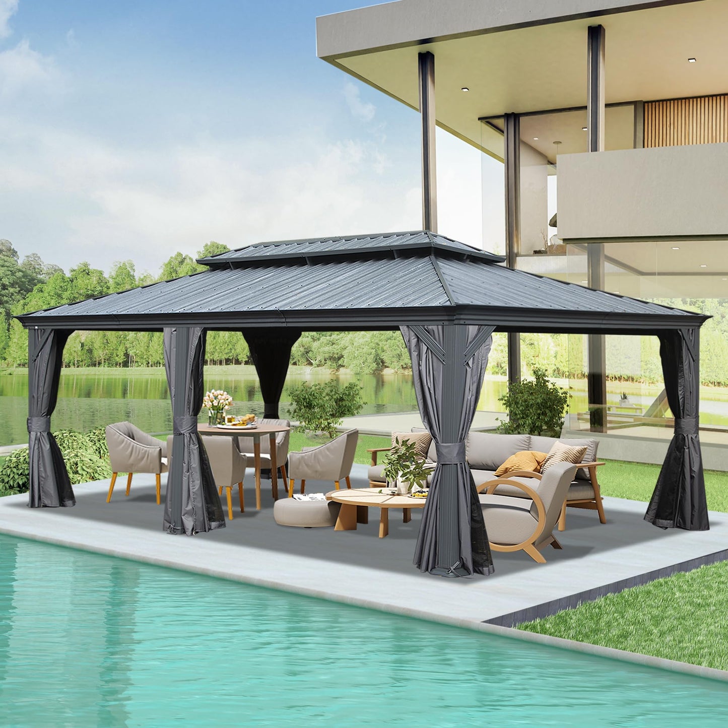 14' x 22' Hardtop Gazebo with Dual-Layer Galvanized Steel Roof