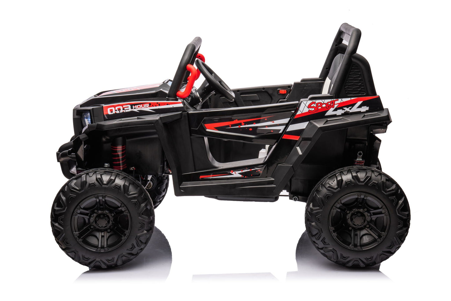 12V7A*2 30W*4 Four-Wheel Drive Seat One Button Start, Forward And Backward, High And Low Speed, Music, Front Light, Power Display, Two Doors Can Open, 2.4G R / C, Seat Belt Four Wheel Absorber