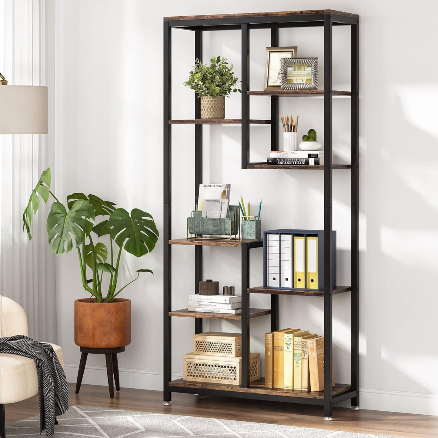 6 Tier, 8 Shelf Etagere Bookcase Storage Display Rack For Living Room - Rustic Brown