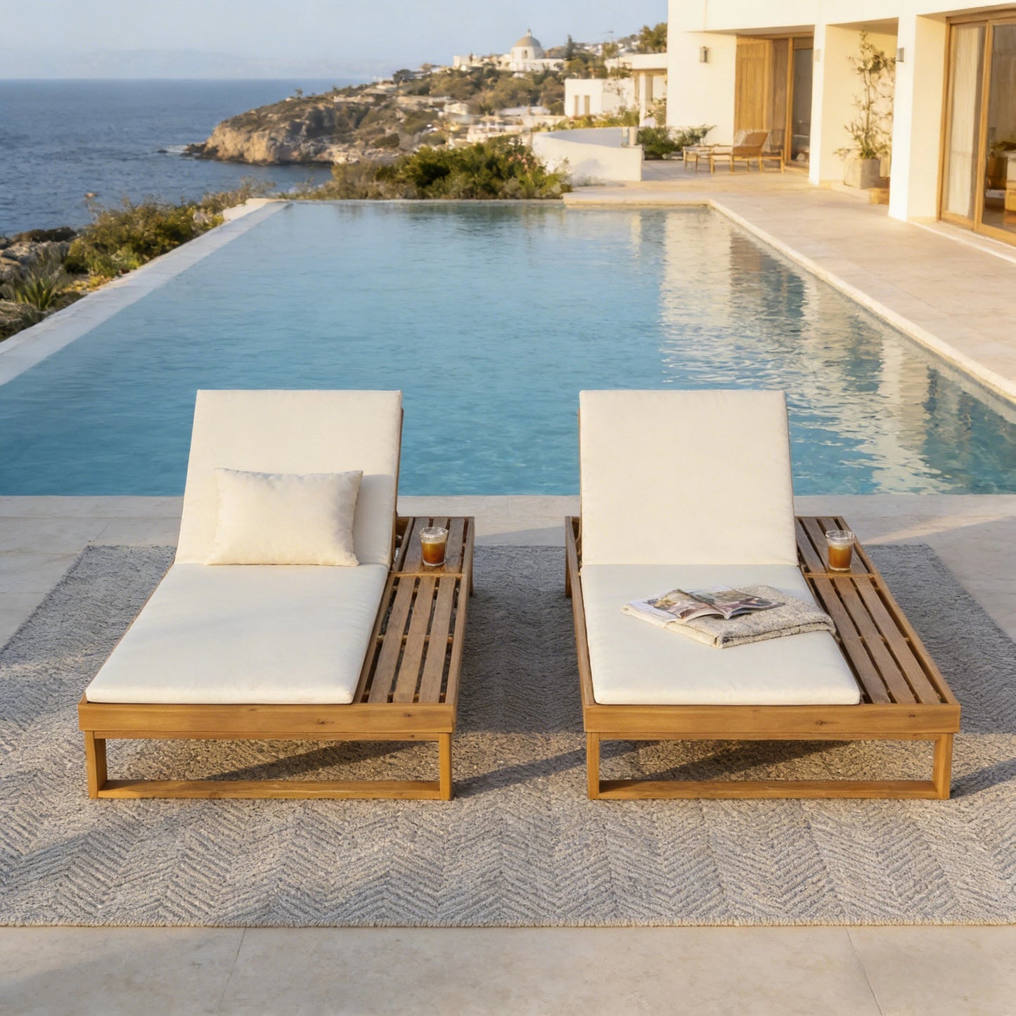 Teak Finish Acacia Wood Chaise Lounge with 1.57-Inch Cushion