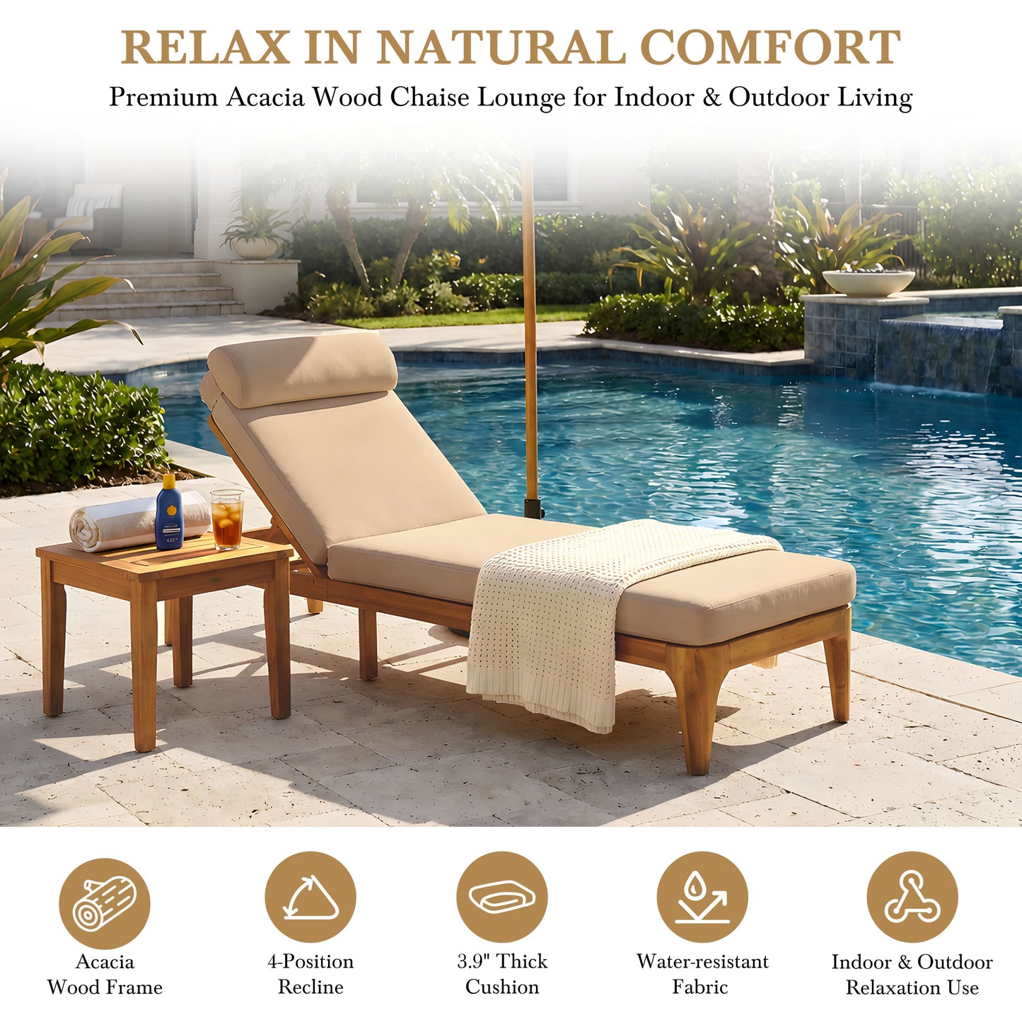 TOPMAX Acacia Wood Chaise Lounge