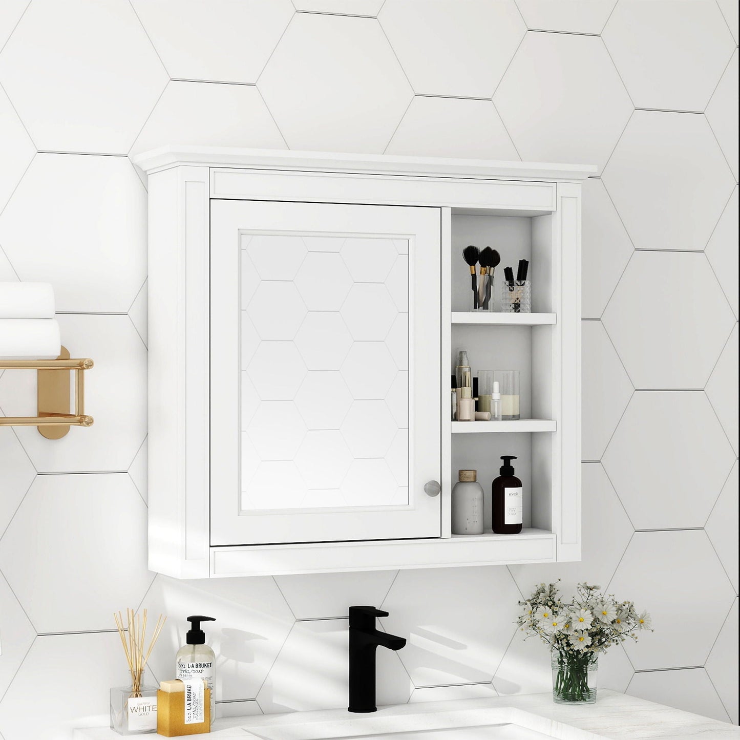Wall Mounted Medicine Cabinet With Mirror and 3 Open Shelves