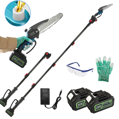 2-In-1 8Ó Cordless Electric Pole Saw and Mini Chainsaw with Extension Poles 2Pcs 21V 3.0Ah Batteries Adjustable Length Chain Saw With Auto Oiler Safet