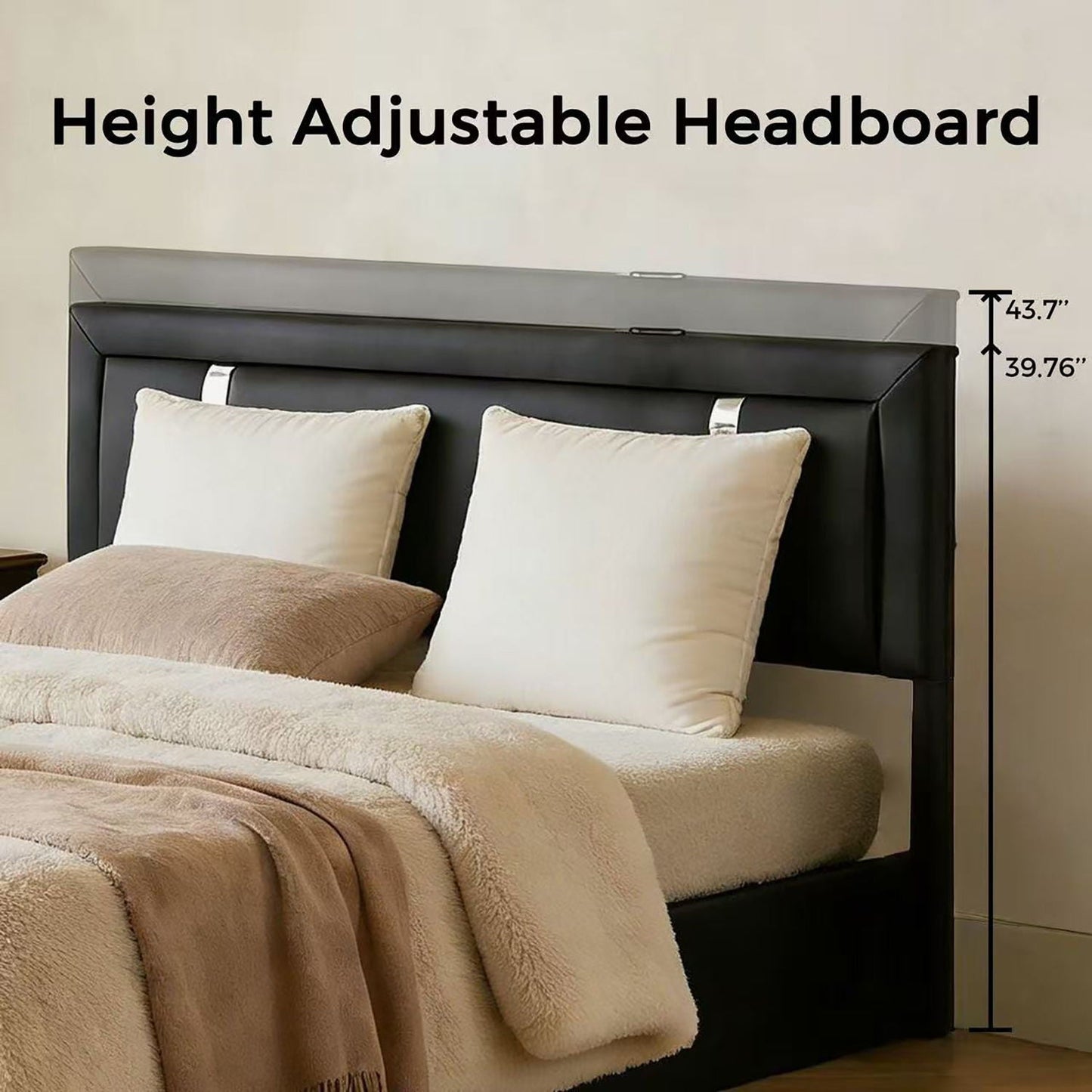 Upholstered Platform Bed Frame With Adjustable LED Headboard, USB C-Charging, Hydraulic Lift