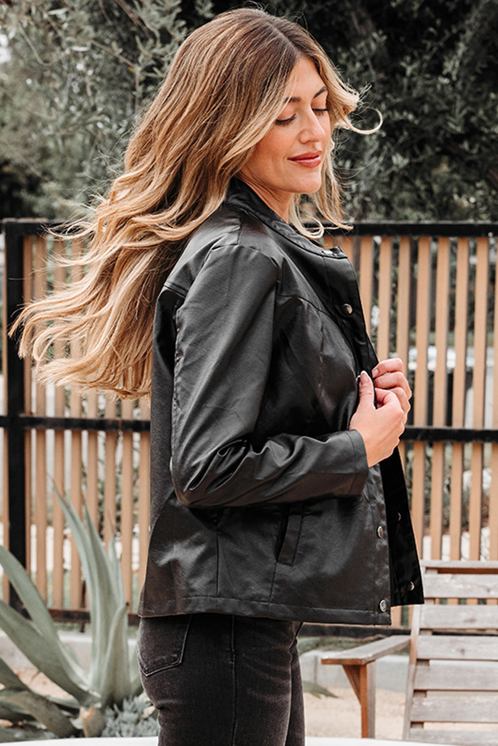 Olive Faux Leather Buttoned Front Boxy Jacket