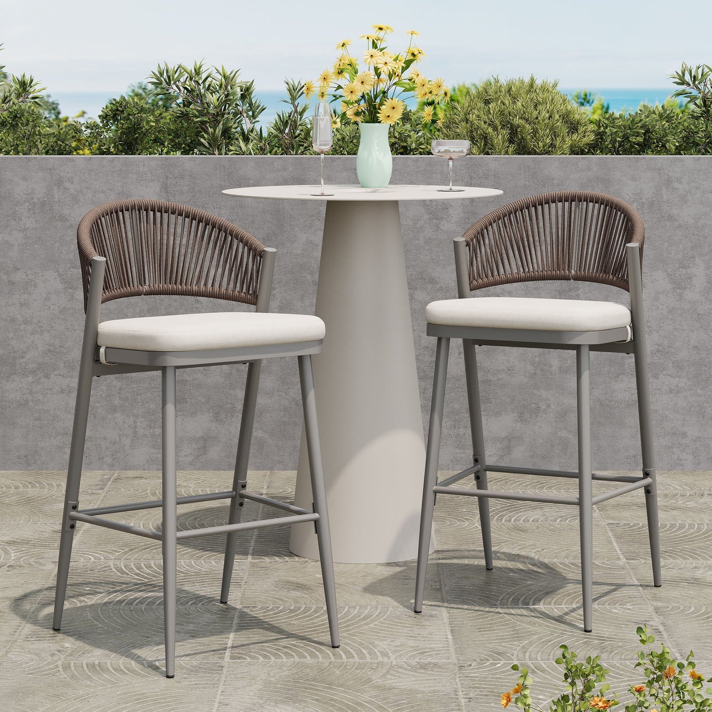 Outdoor Bar Height Metal Frame Counter Stools with Scallop-Shaped Backrest & Water-Resistant Cushions