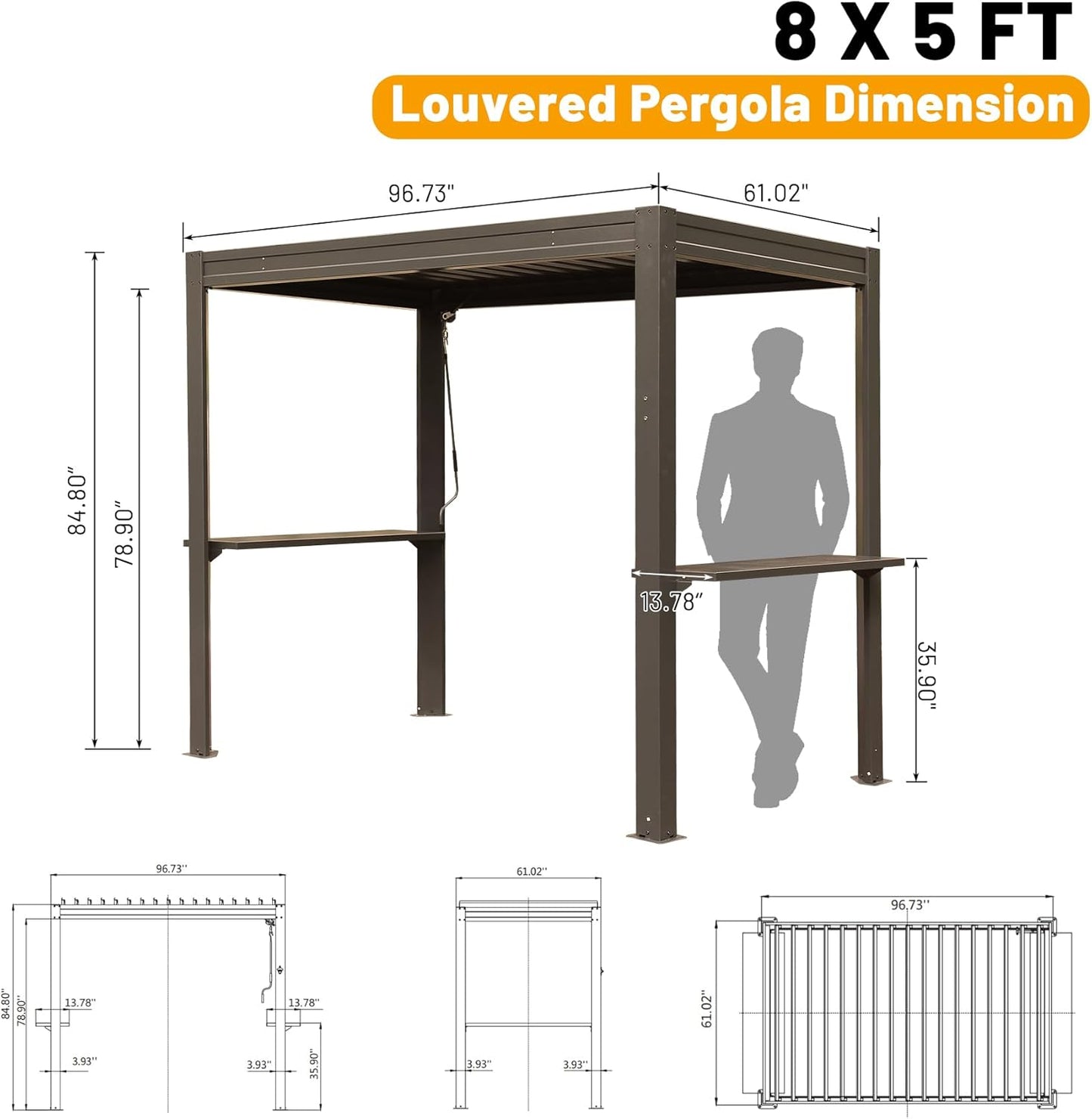 8x5 Ft Grill Louvered Pergola with Adjustable Roof and Built-in Gutter