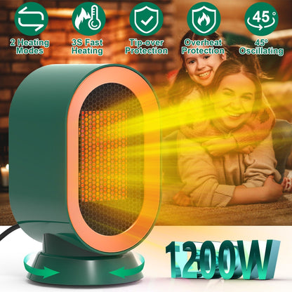 1200W Oscillating Electric Space Heater Mini Desk Heater with 2 Modes 3S Fast Heating Tip-over Overheat Protection for Home Office