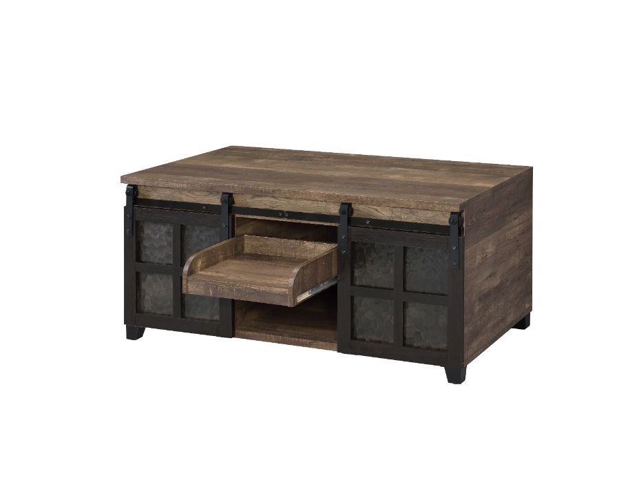 Nineel - Coffee Table - Obscure Glass, Rustic Oak & Black