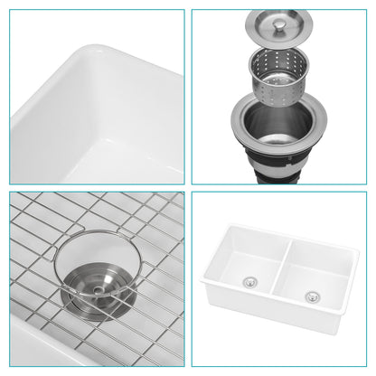 Elegant Dual Mount 32" Undermount Double Bowl Ceramic Kitchen Sink - White
