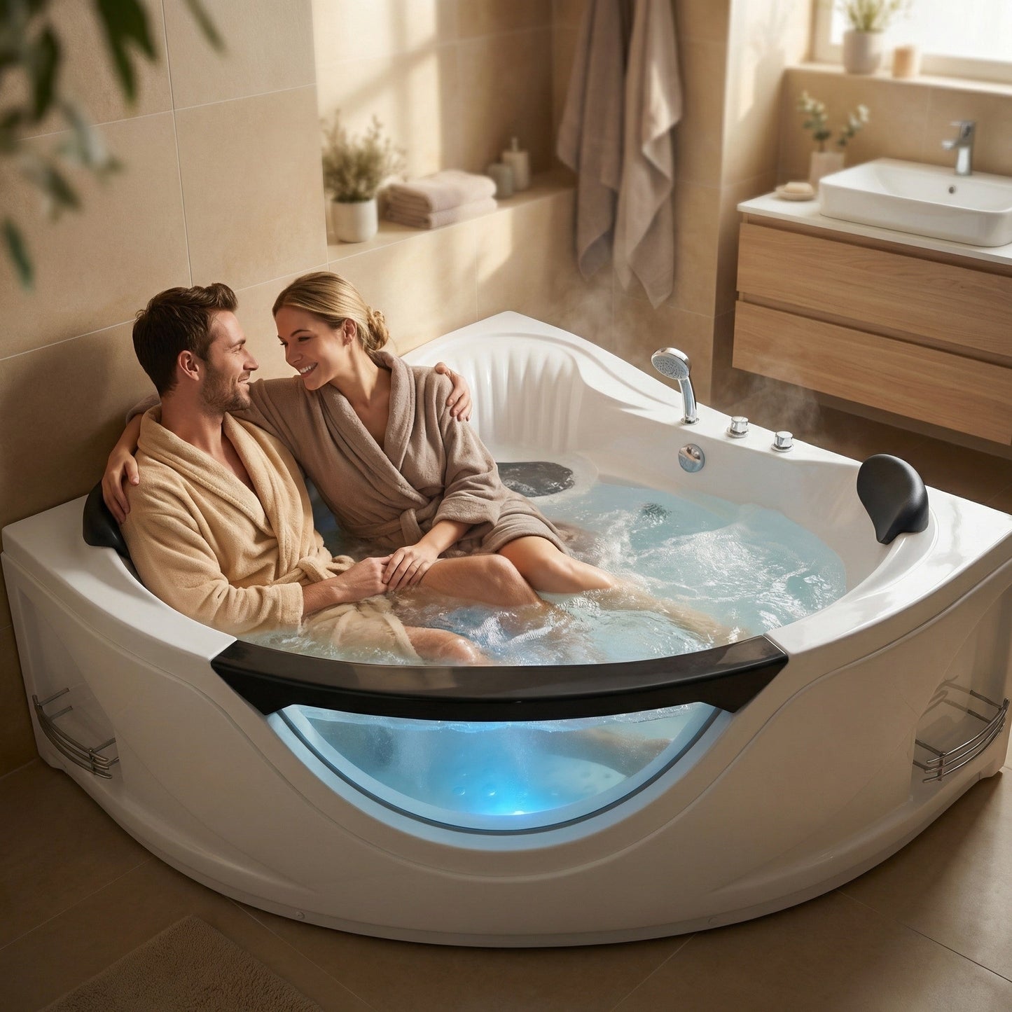 59" Corner Whirlpool Bathtub for 2-Person