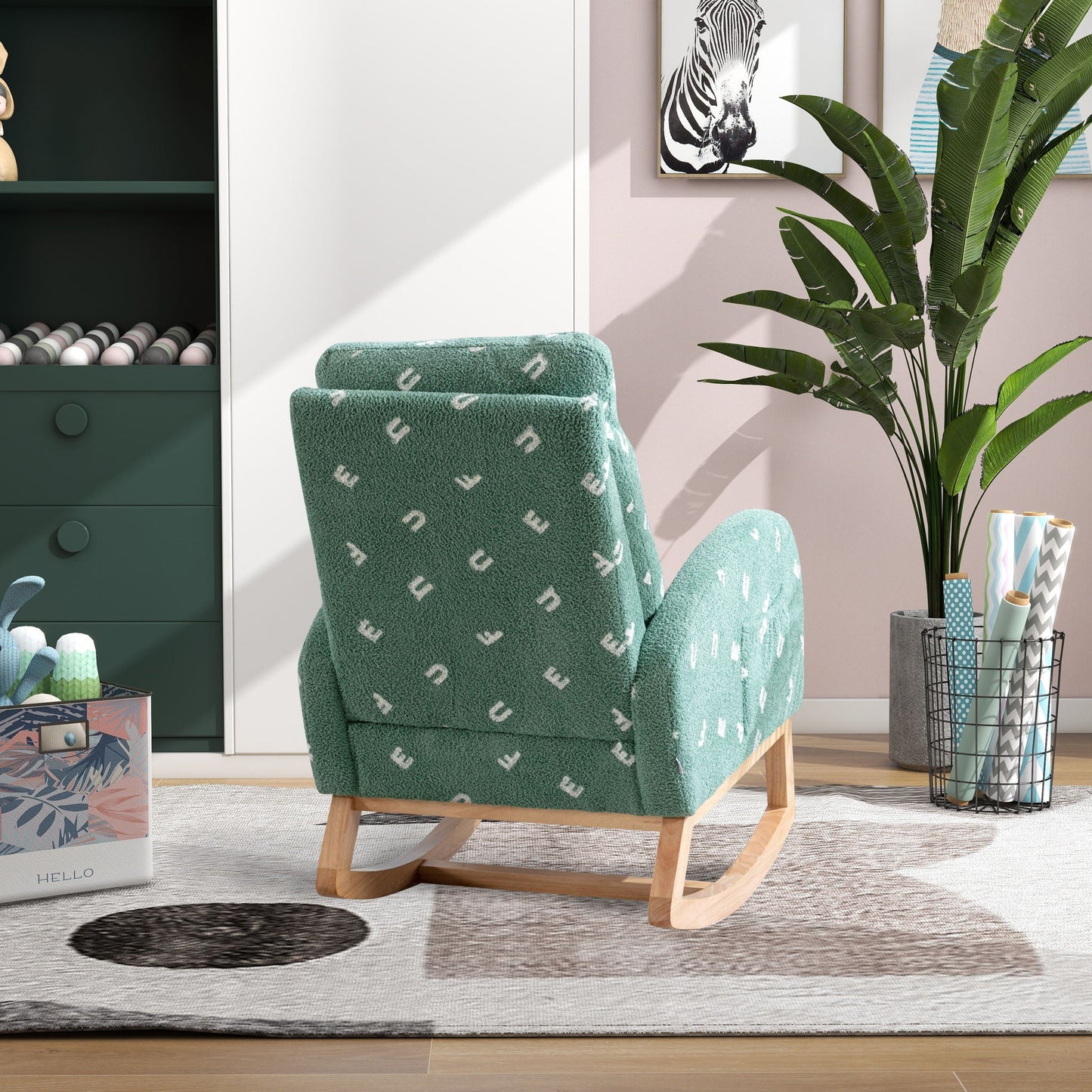 Modern Accent Rocker Armchair With Side Pocket, Upholstered High Back