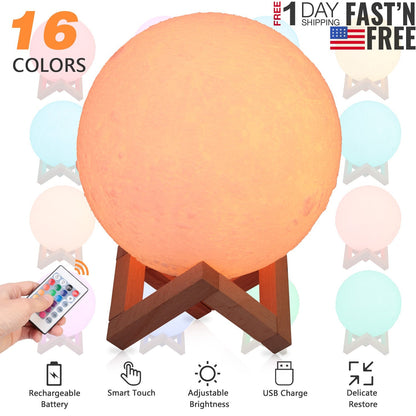 Moon Lamp 3D Printed Night Light 16 Colors Decorative Moon Light Touch Remote Control 3.15in