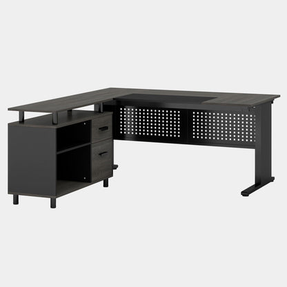L-Shaped Executive Desk With File Cabinet, Office Workstation With Drawers, Shelves & Storage