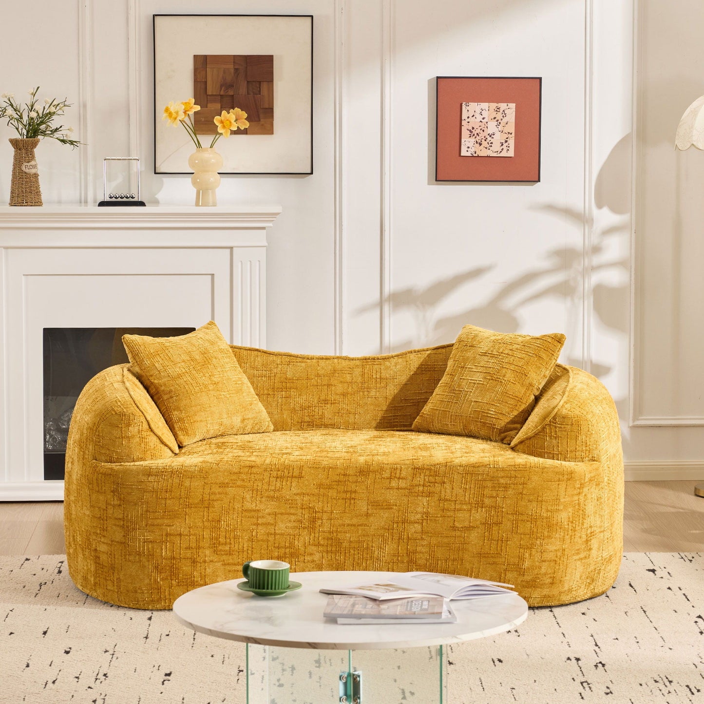 Curved 2 Person Compress Sofa With Armrests, Includes Pillows