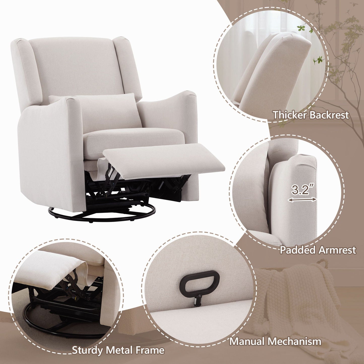 Wide Wingback Swivel Glider Rocker Recliner Chair