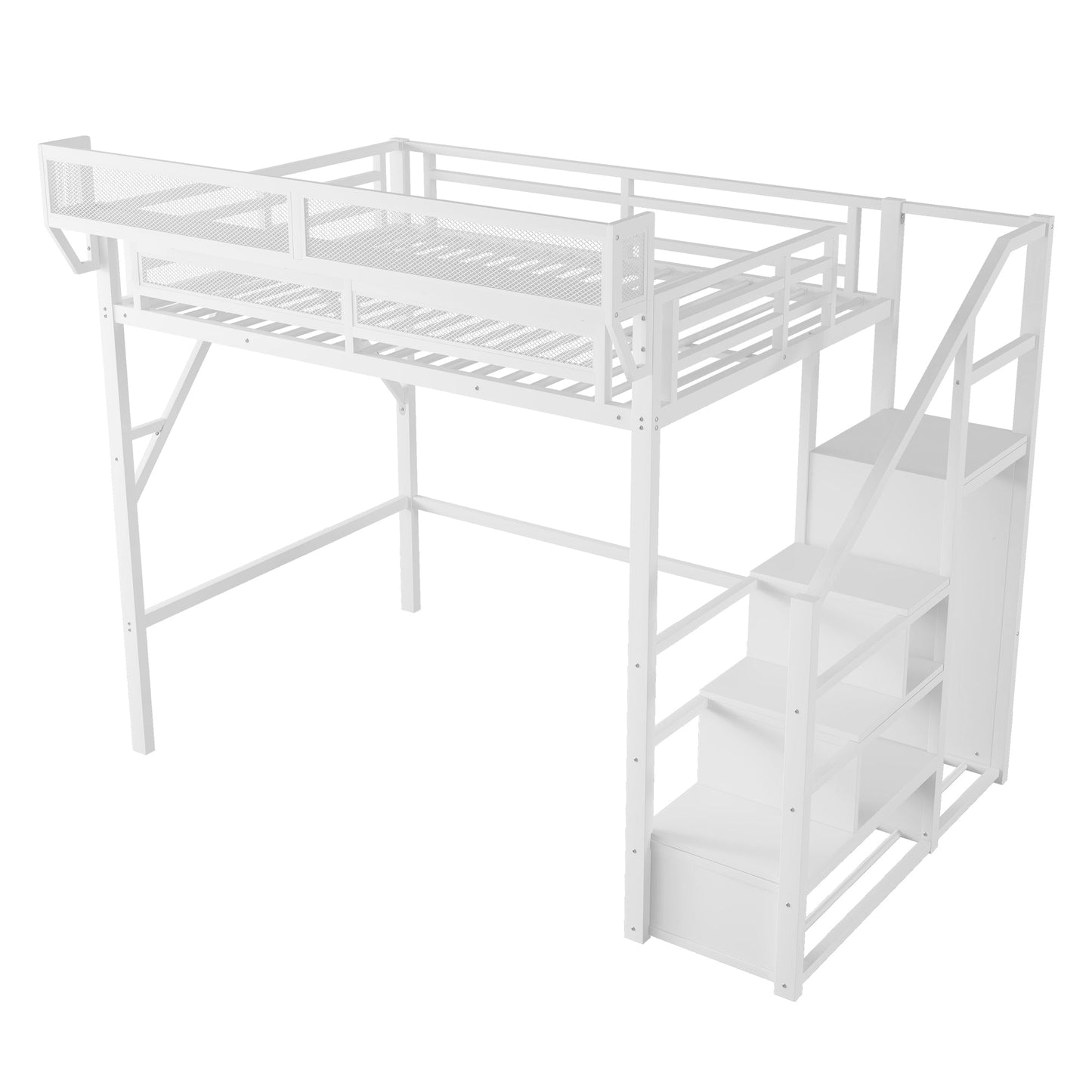 Full Size Loft Bed with Stairs and Storage Shelves