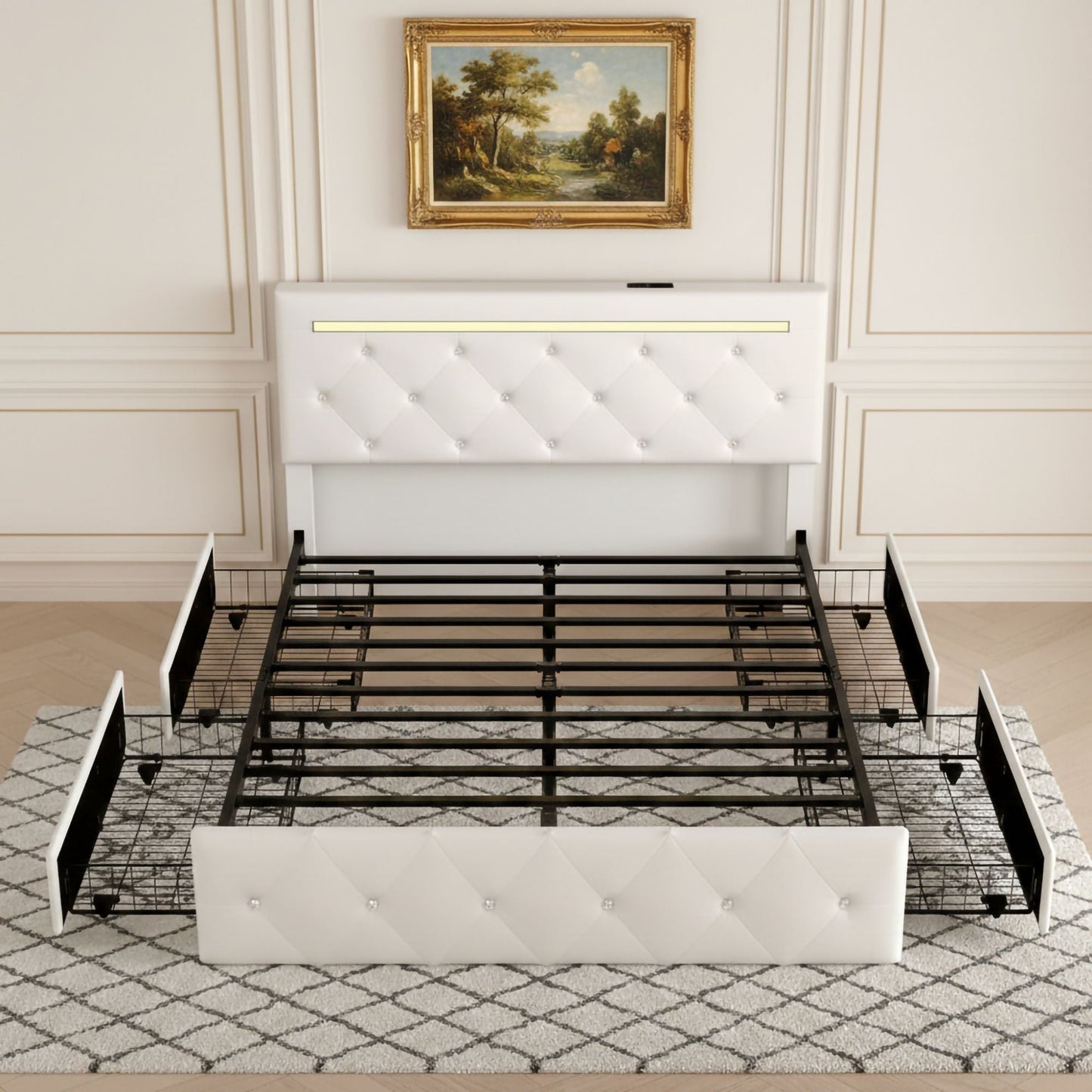 Upholstered Bed Frame With LED Lights, 4 Storage Drawers, Charging Station