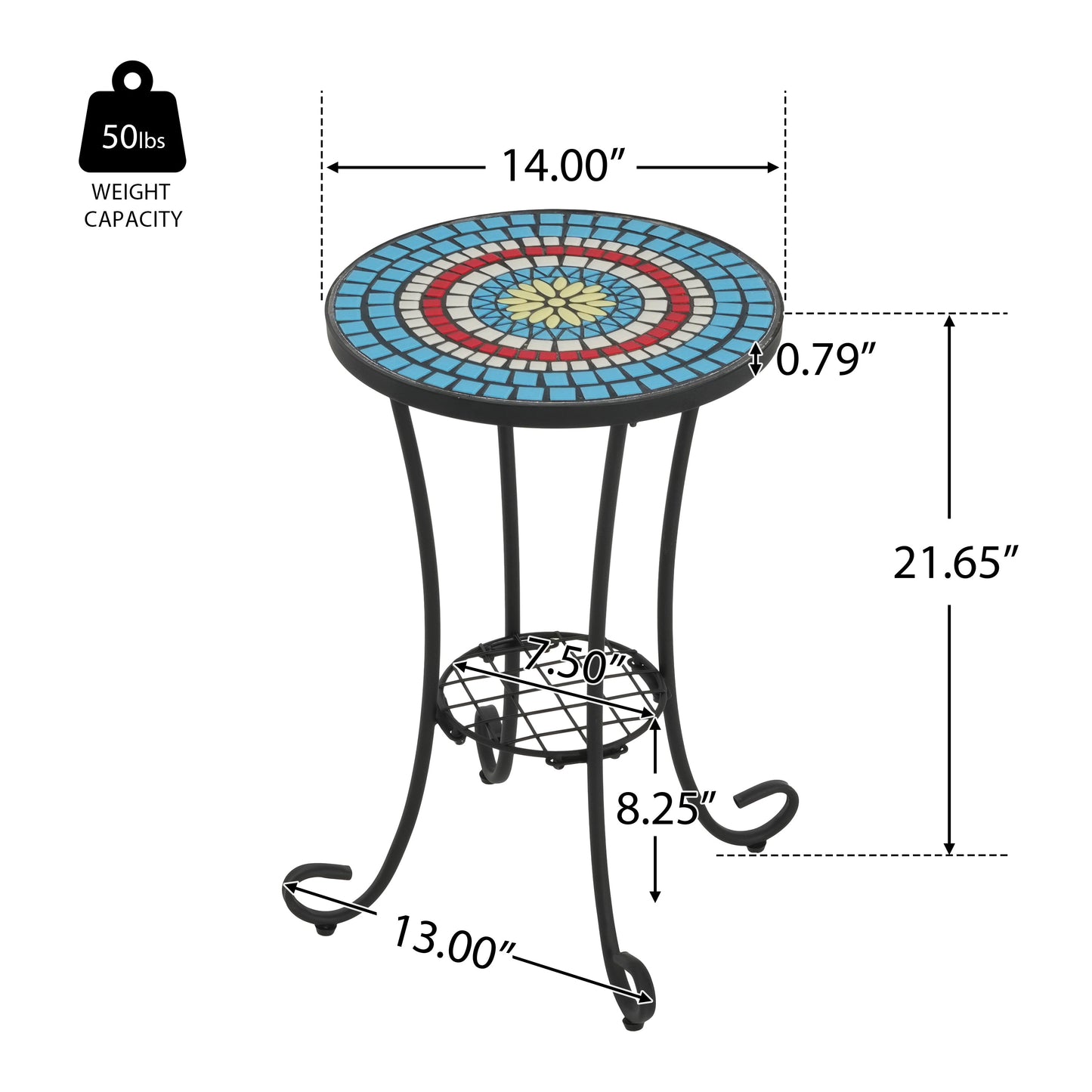 Patio Side Table with Shelf, Blue and Black