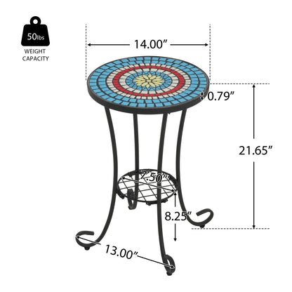 Patio Side Table with Shelf, Blue and Black