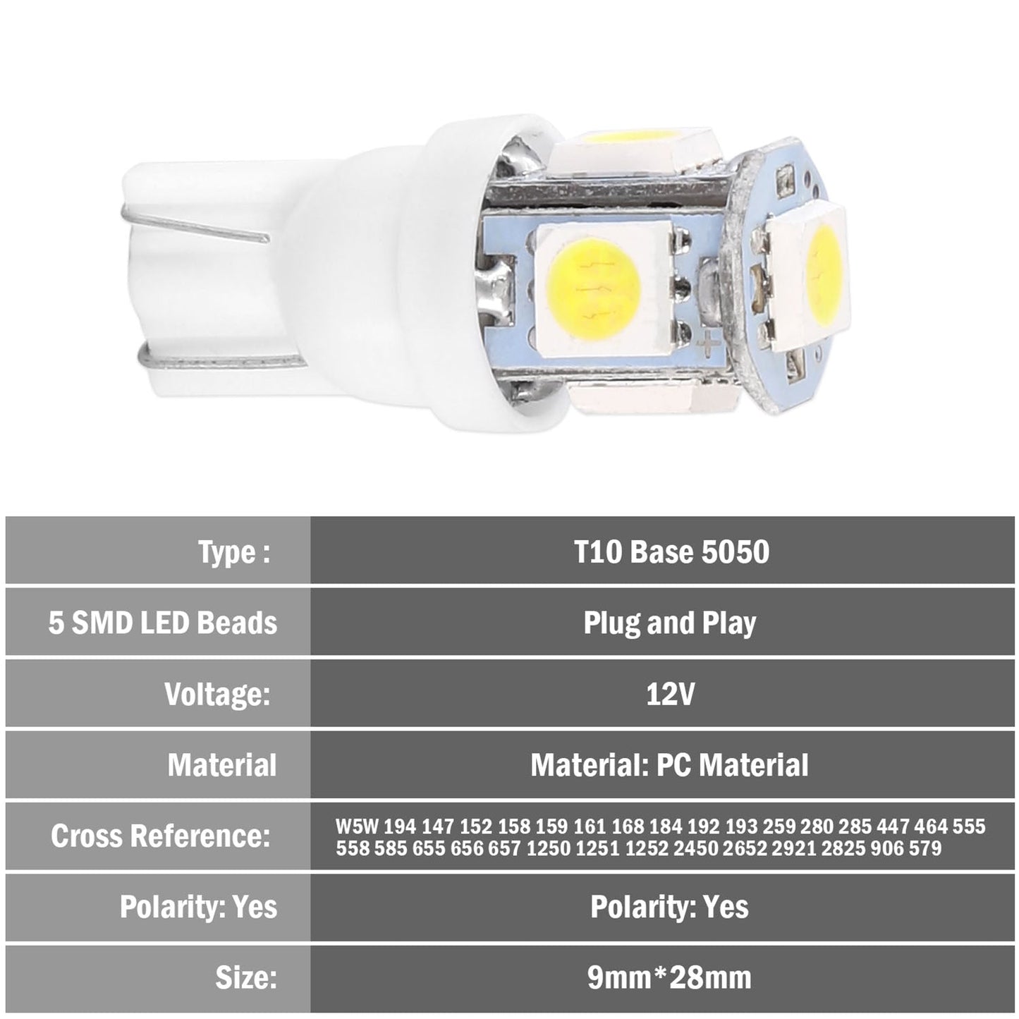 50Pcs/Kit LED Car Light Bulbs 1000lm T10 Base 5050 6000K White Auto Lamps Replacement for Dome Map Door Trunk Signal License Plate