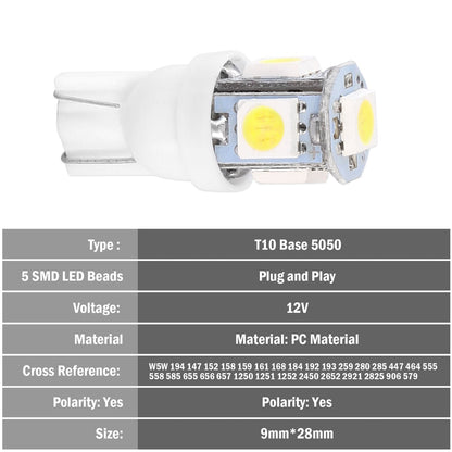 50Pcs/Kit LED Car Light Bulbs 1000lm T10 Base 5050 6000K White Auto Lamps Replacement for Dome Map Door Trunk Signal License Plate