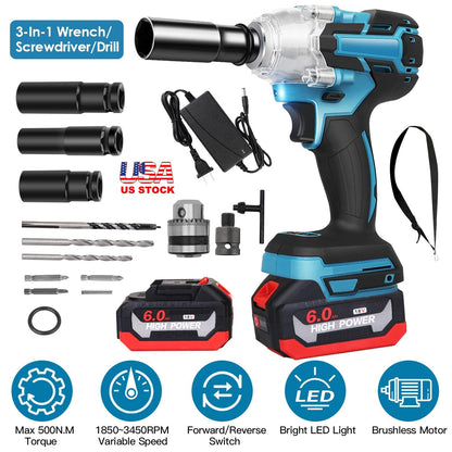 3-In-1 Cordless Electric Impact Wrench Drill Screwdriver with Brushless Motor Max 3450RPM Variable Speed 2Pcs 6.0Ah Batteries 3 Sockets 3 Screwdriver