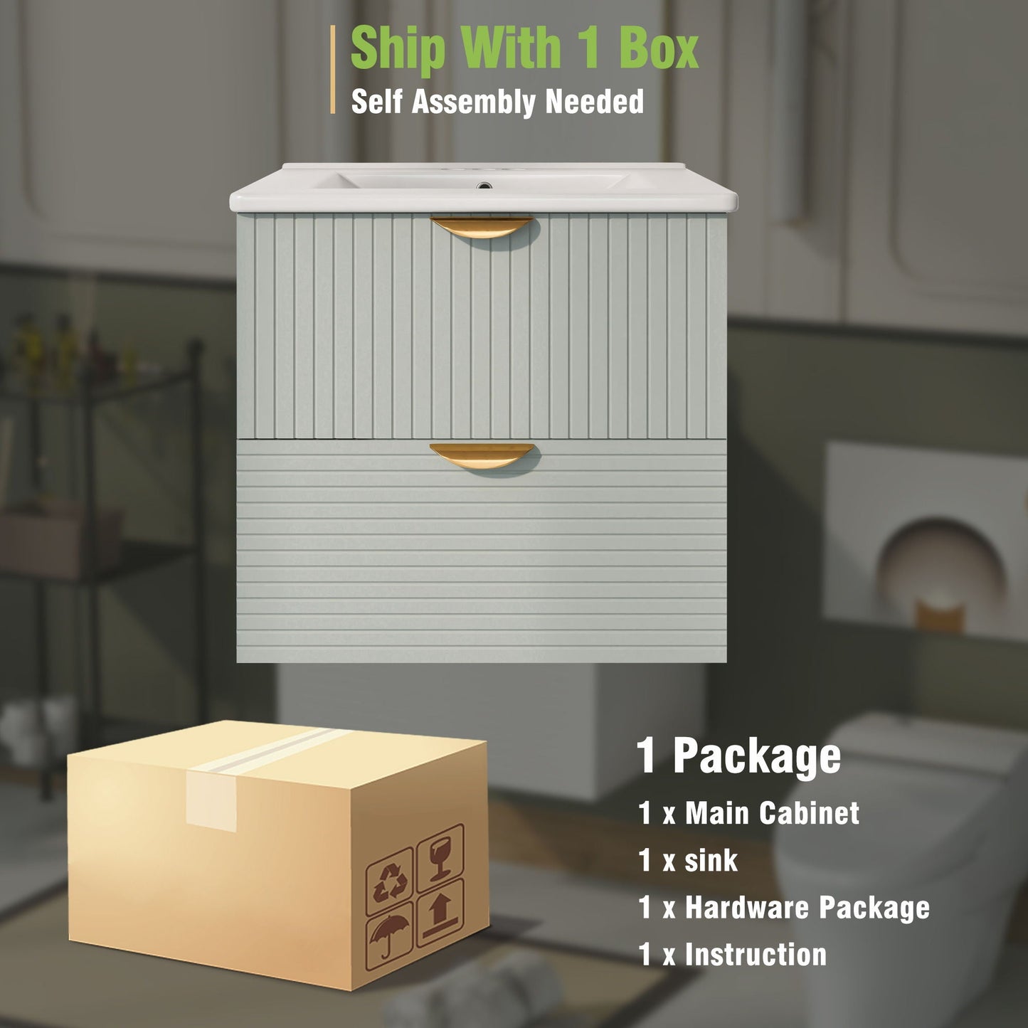 Modern Wall-Mounted Bathroom Vanity With 2 Drawers, Ideal For Small Bathrooms - Green