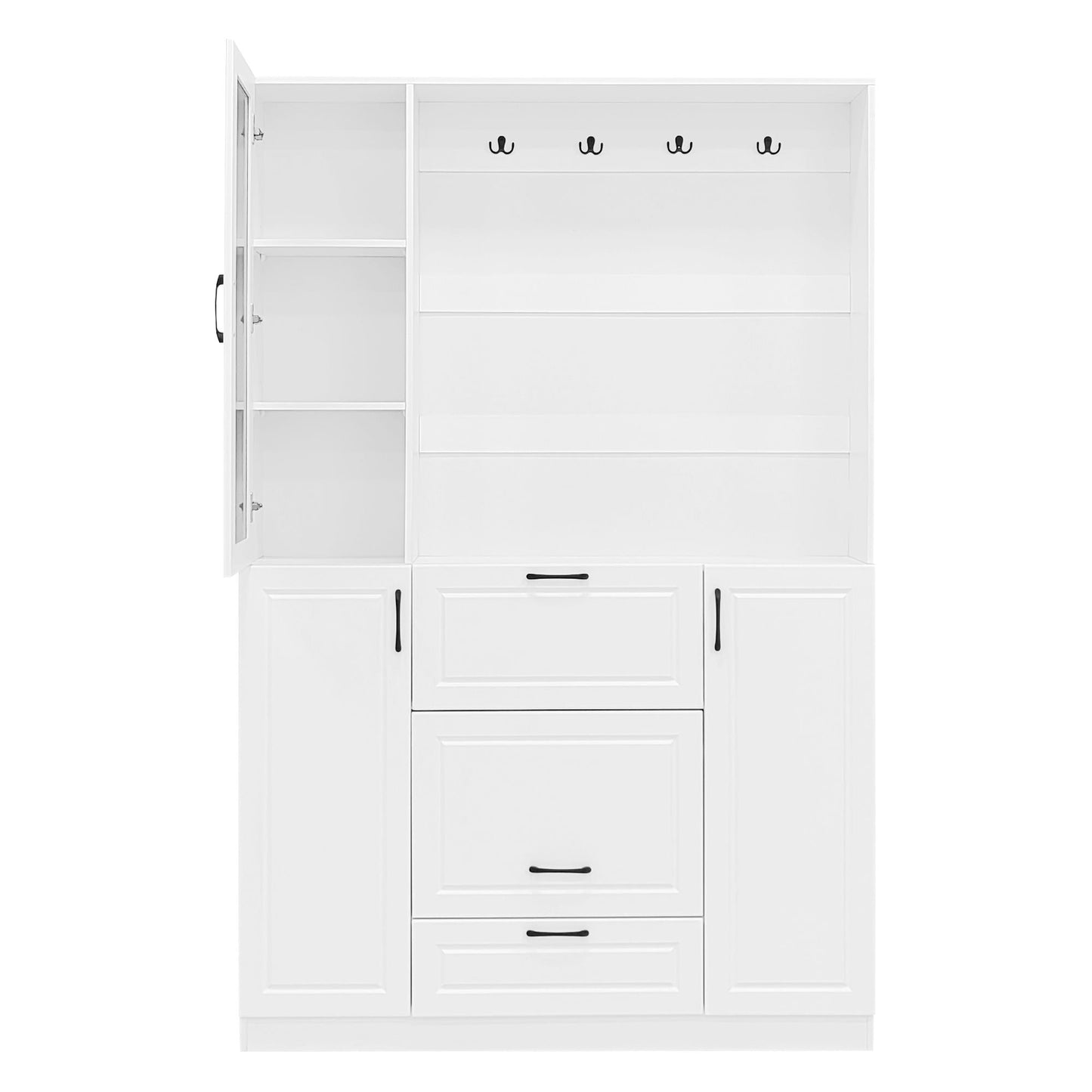 Entryway Bench With Integrated Shoe Cabinet, 3 In 1 Design And Mirrored Cabinet Door, Hall Tree With 4 Sturdy Hooks And Foldable Seat For Entrance, Living Room - White