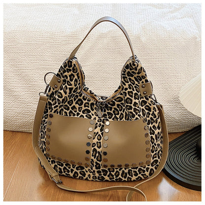 Ladies leopard print large capacity tote bag, vintage hobo bag casual, shoulder bag with crossbody strap, bag shoulder bag women