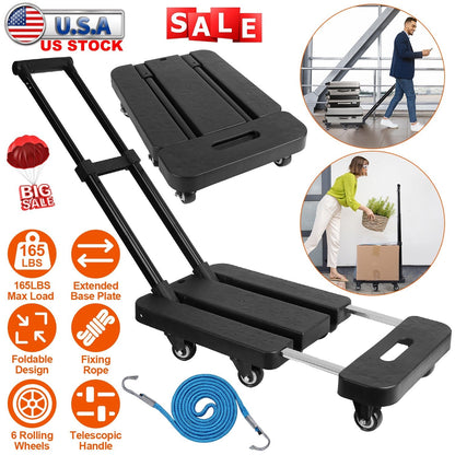 Folding Hand Truck Collapsible 165LBS Heavy Duty Luggage Cart Foldable Utility Dolly Platform Cart with 3-Length Telescopic Handle 6 Wheels 1 Elastic