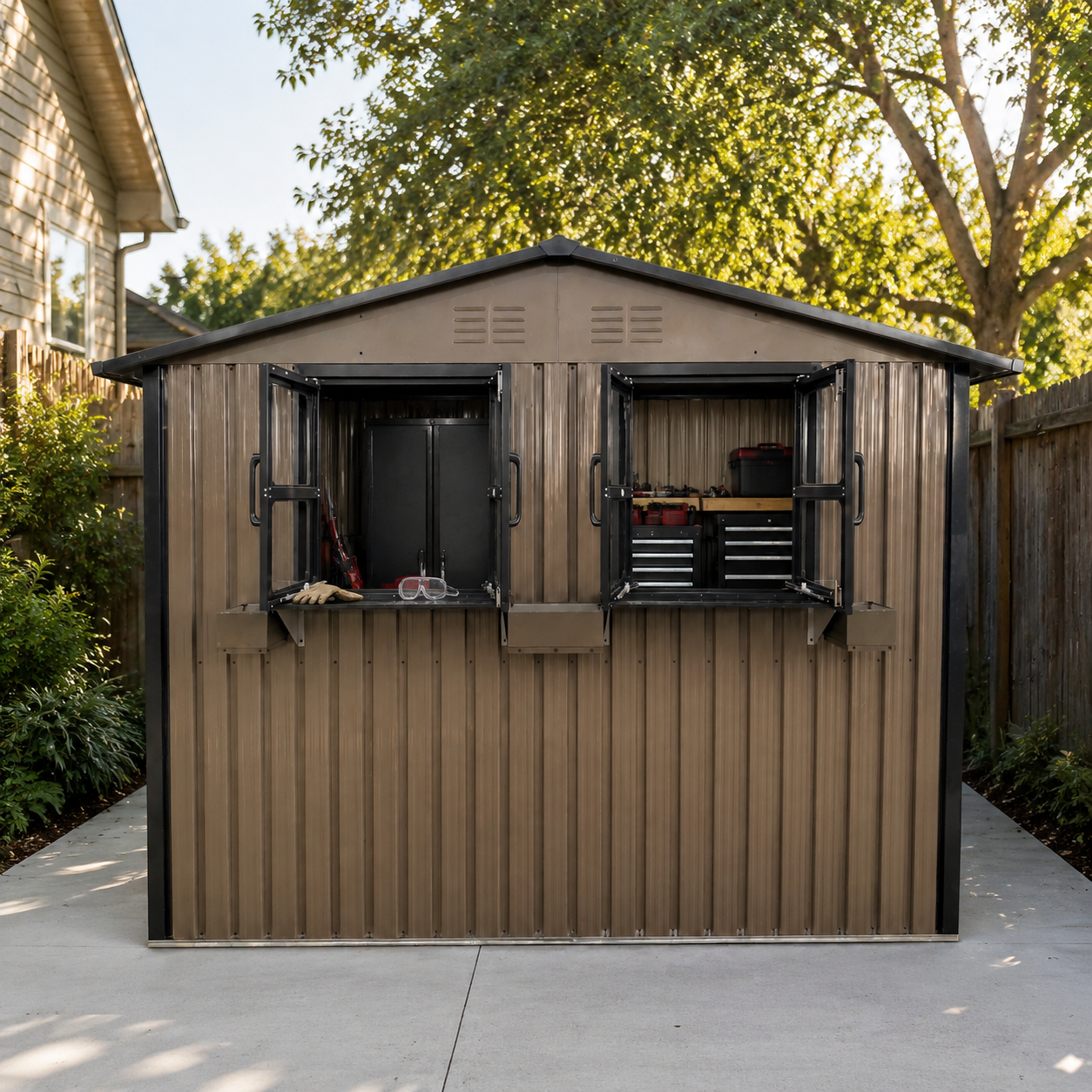 6x9 FT Outdoor Metal Storage Shed with Window & Flower Rack