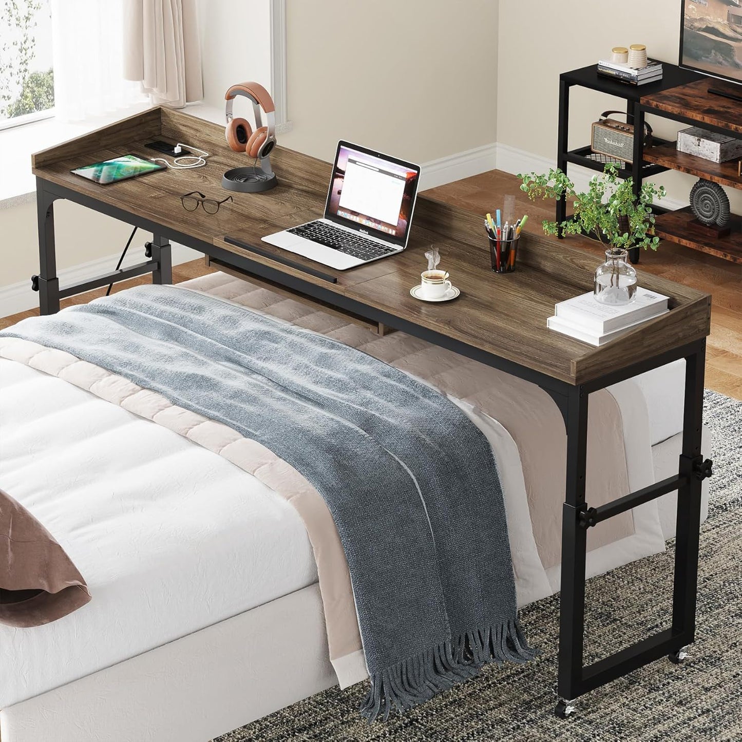 Adjustable Overbed Table With Wheels, Queen Size Mobile Desk - Dark Gray