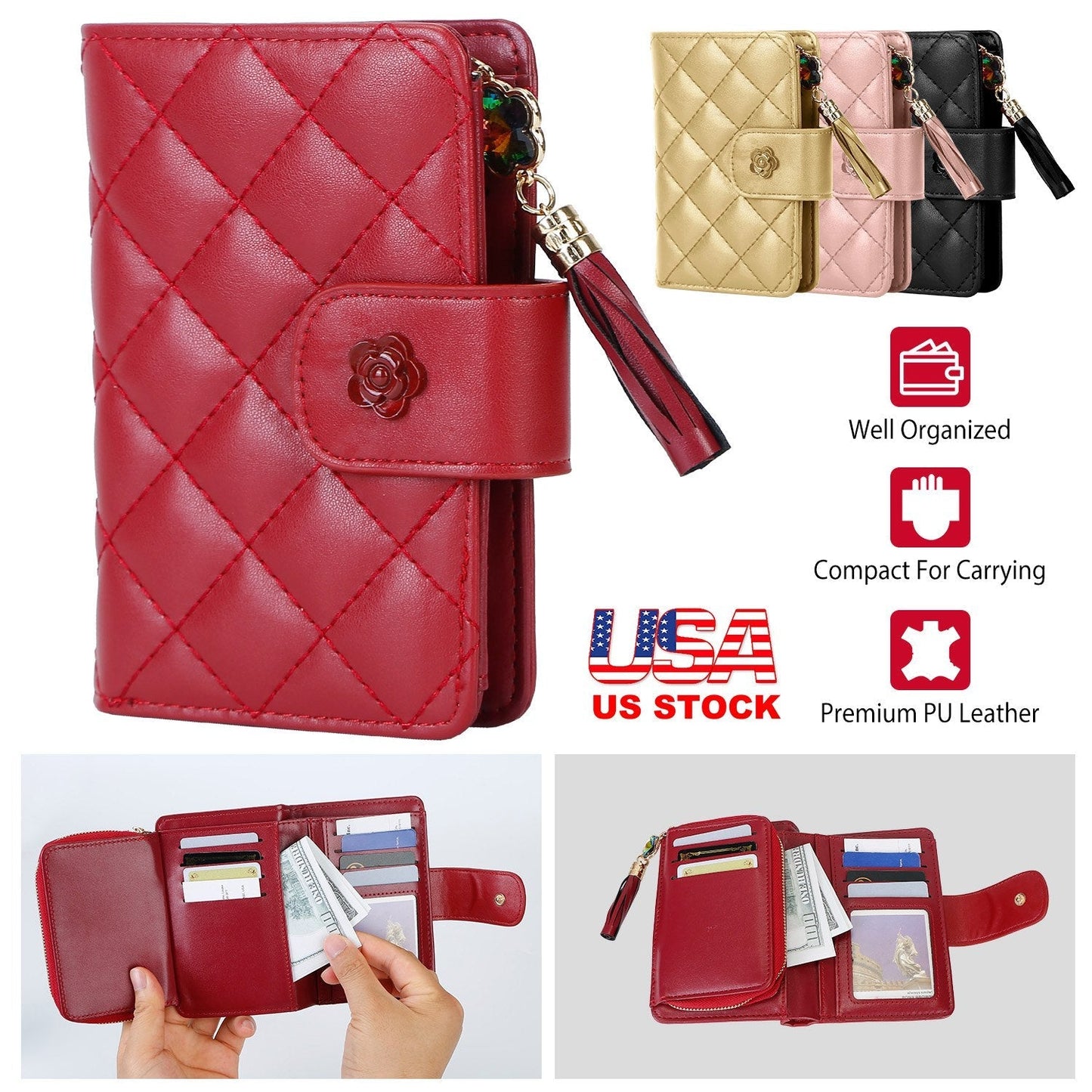 Women Wallet PU Leather Lady Clutch Case Credit Card Holder ID Card Window Coin Purse w/ Tassel For Girls