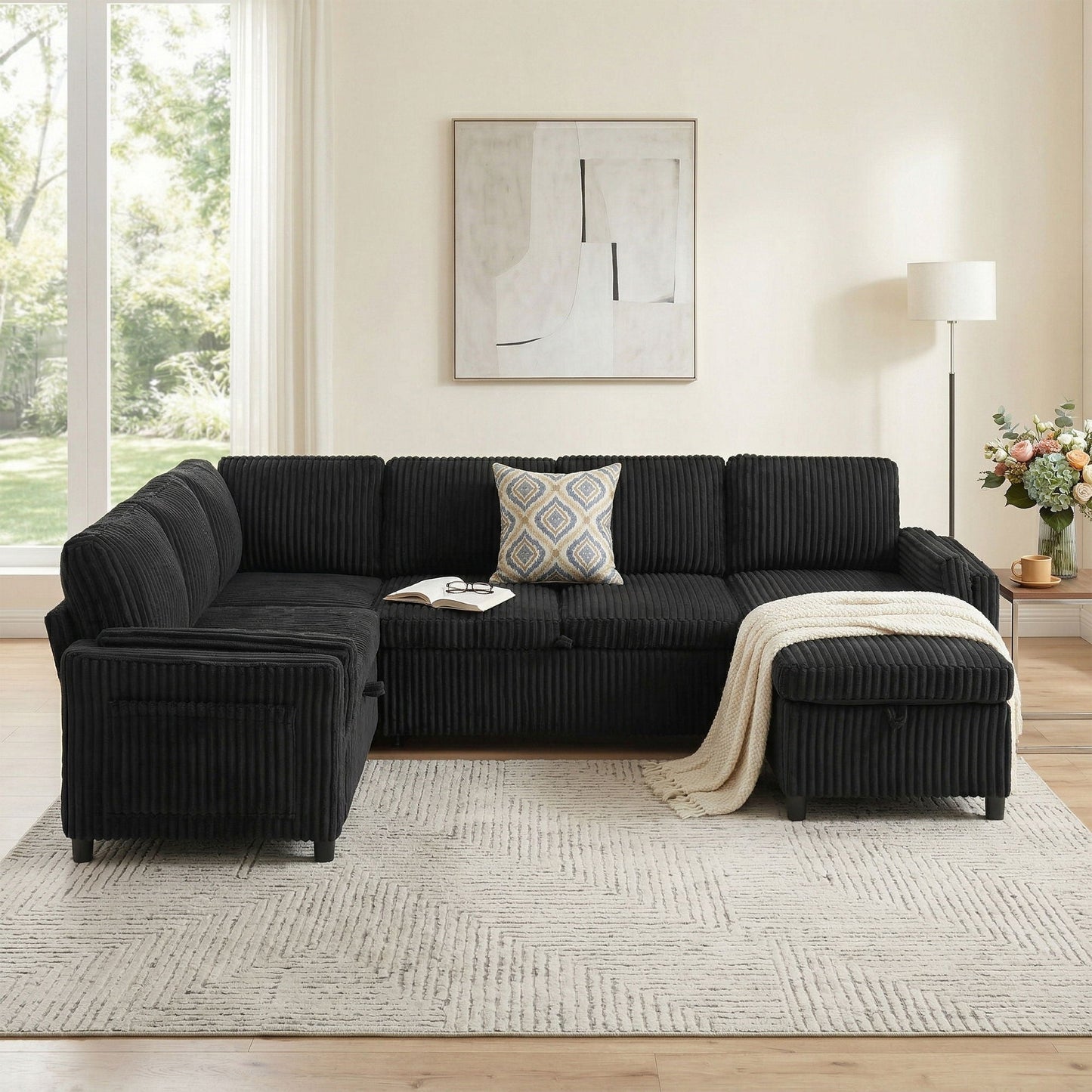 Convertible U-Shaped Sectional Sofa Bed With USB Ports And Storage