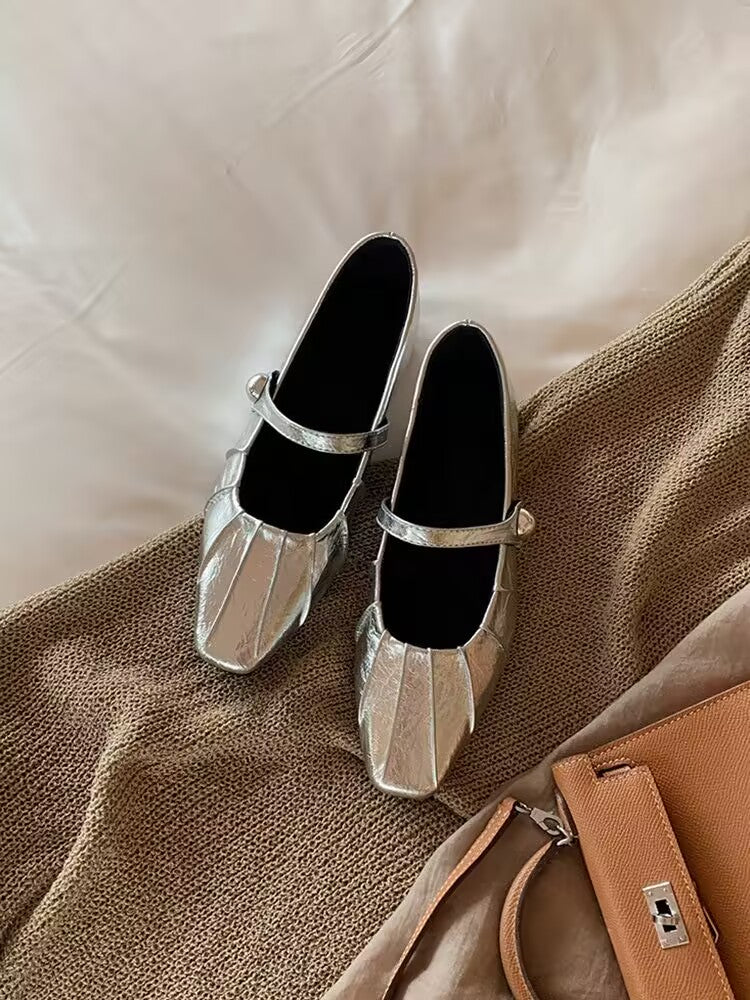 2026 Summer New Women French Style Mary Janes, Inner Heightening Wrinkle Square Toe Shallow Shoes With Single Strap Buckle Fashion Flats